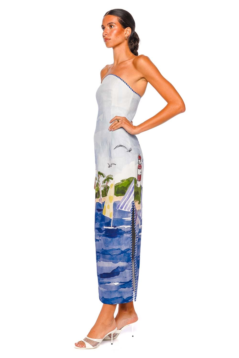 LEO LIN Ava Bustier Strapless Nautical Print Maxi Dress