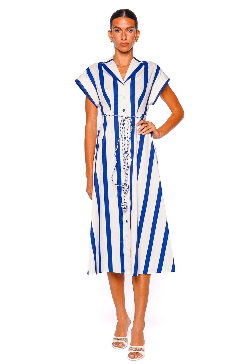 LEO LIN Aubrey Navy Striped Short Sleeve Midi Dress