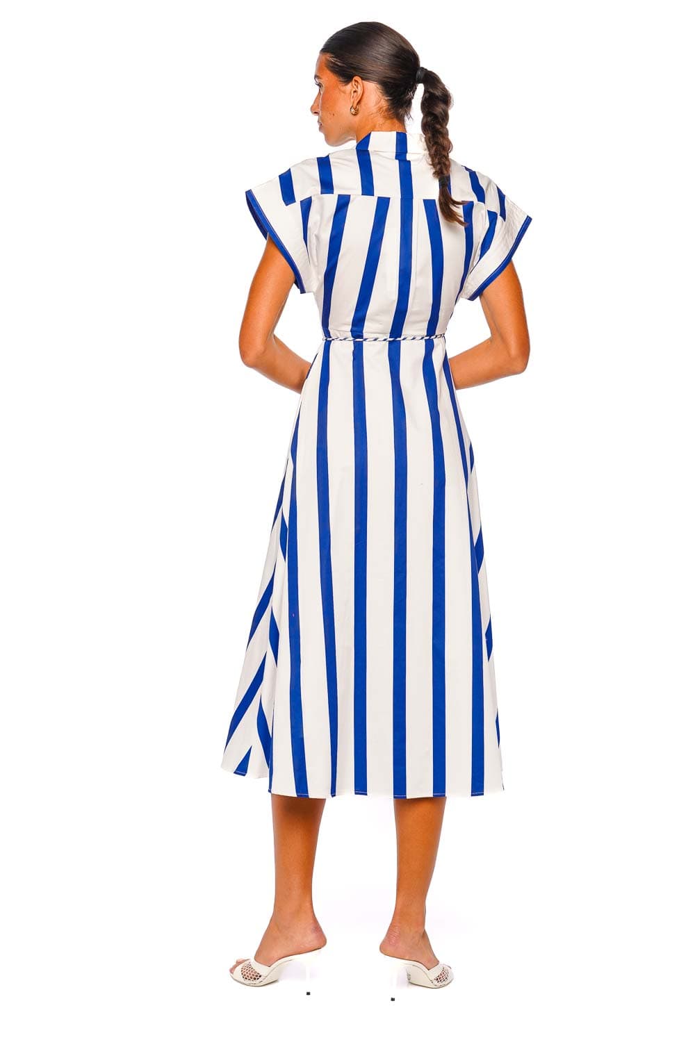 LEO LIN Aubrey Navy Striped Short Sleeve Midi Dress