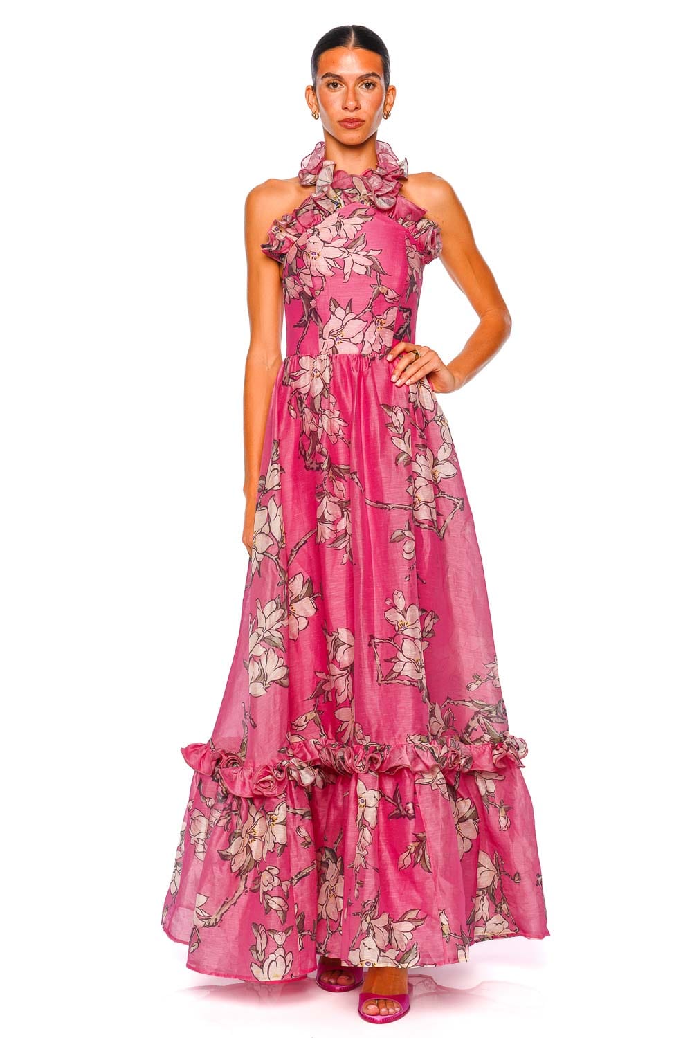 LEO LIN Isabelle Pink Magnolia Print Ruffled Halterneck Maxi Dress