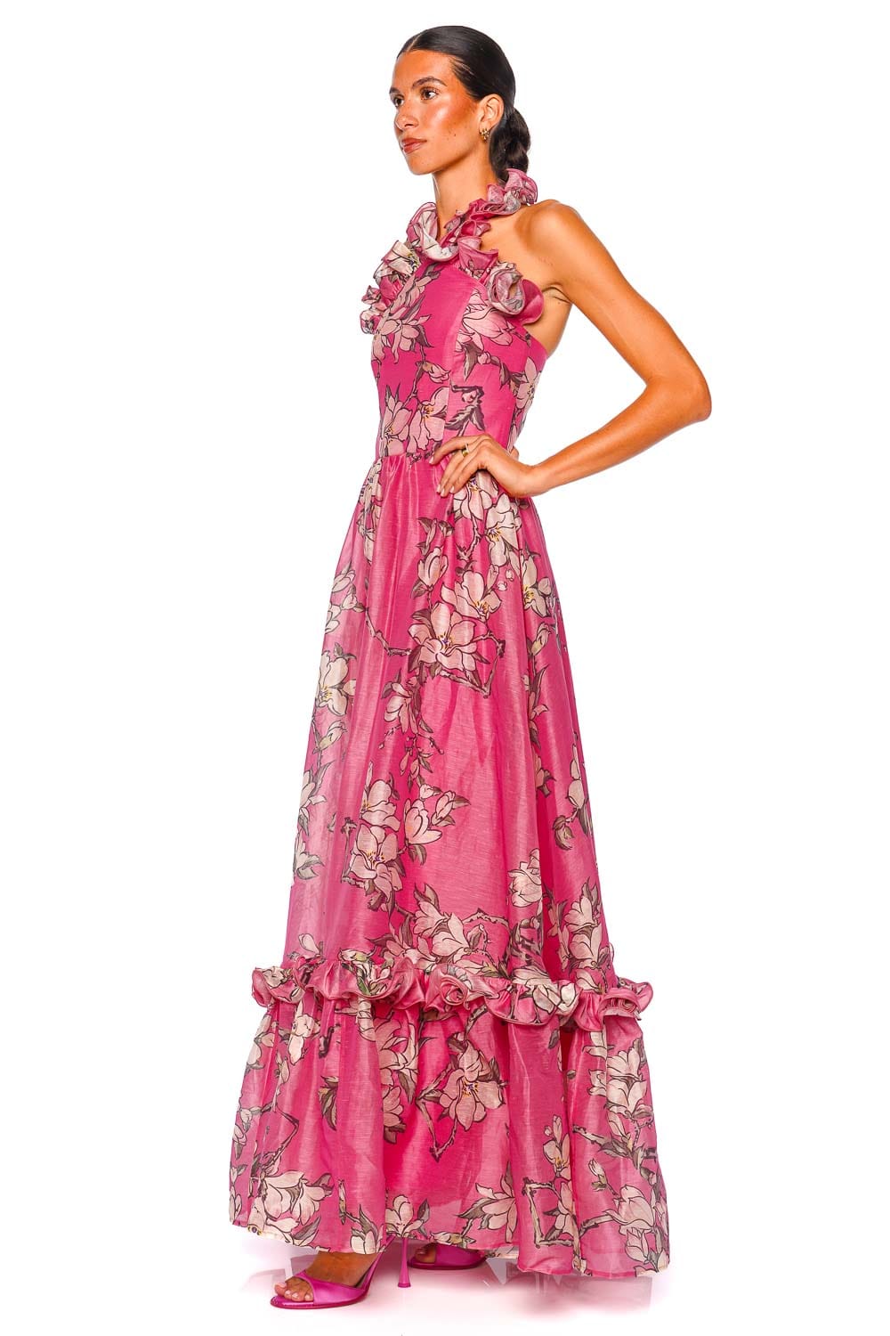 LEO LIN Isabelle Pink Magnolia Print Ruffled Halterneck Maxi Dress