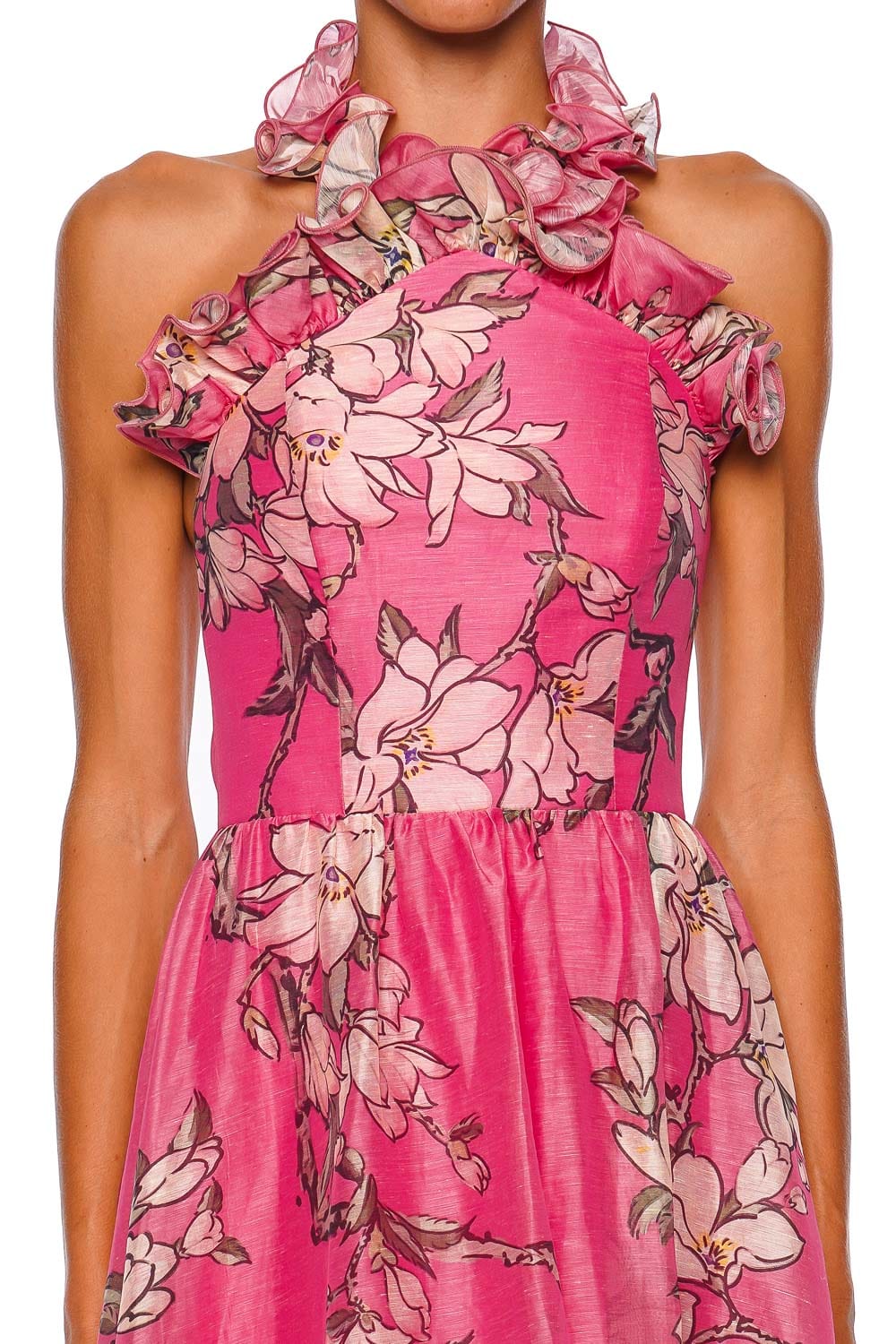 LEO LIN Isabelle Pink Magnolia Print Ruffled Halterneck Maxi Dress