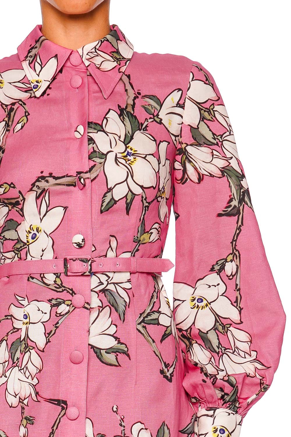 LEO LIN Pink Magnolia Print Linen Mini Dress with Long Bishop Sleeves