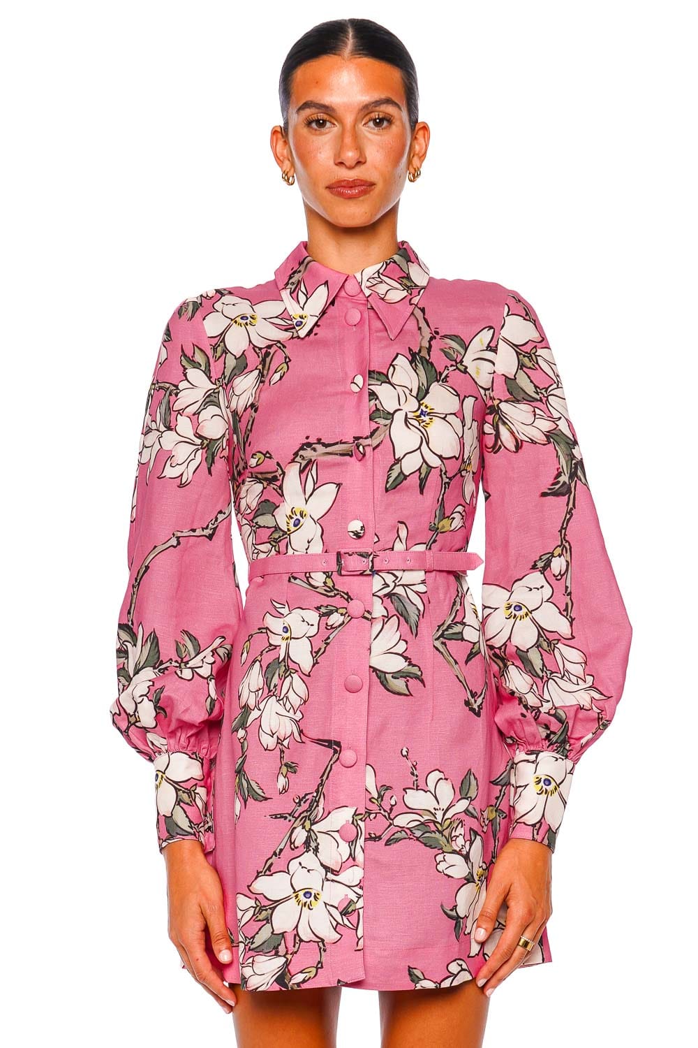 LEO LIN Pink Magnolia Print Linen Mini Dress with Long Bishop Sleeves
