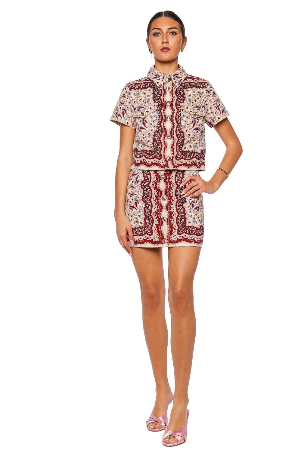 Cara Cara Paisley Button-Down Miniskirt Ivory Red