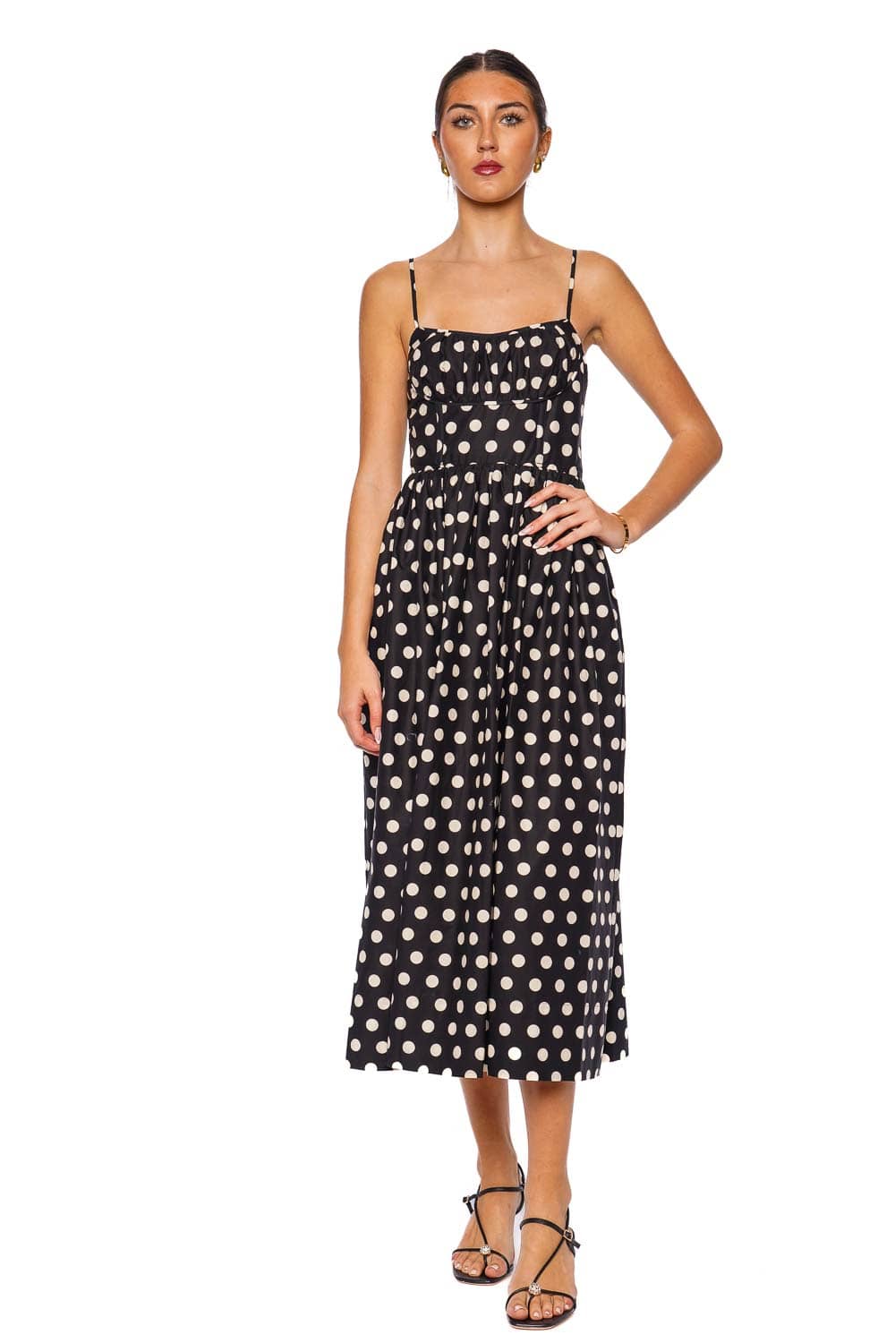 Alba Joelle Dot Black Gathered Midi Dress Alba Joelle Dot Black Gathered Midi Dress