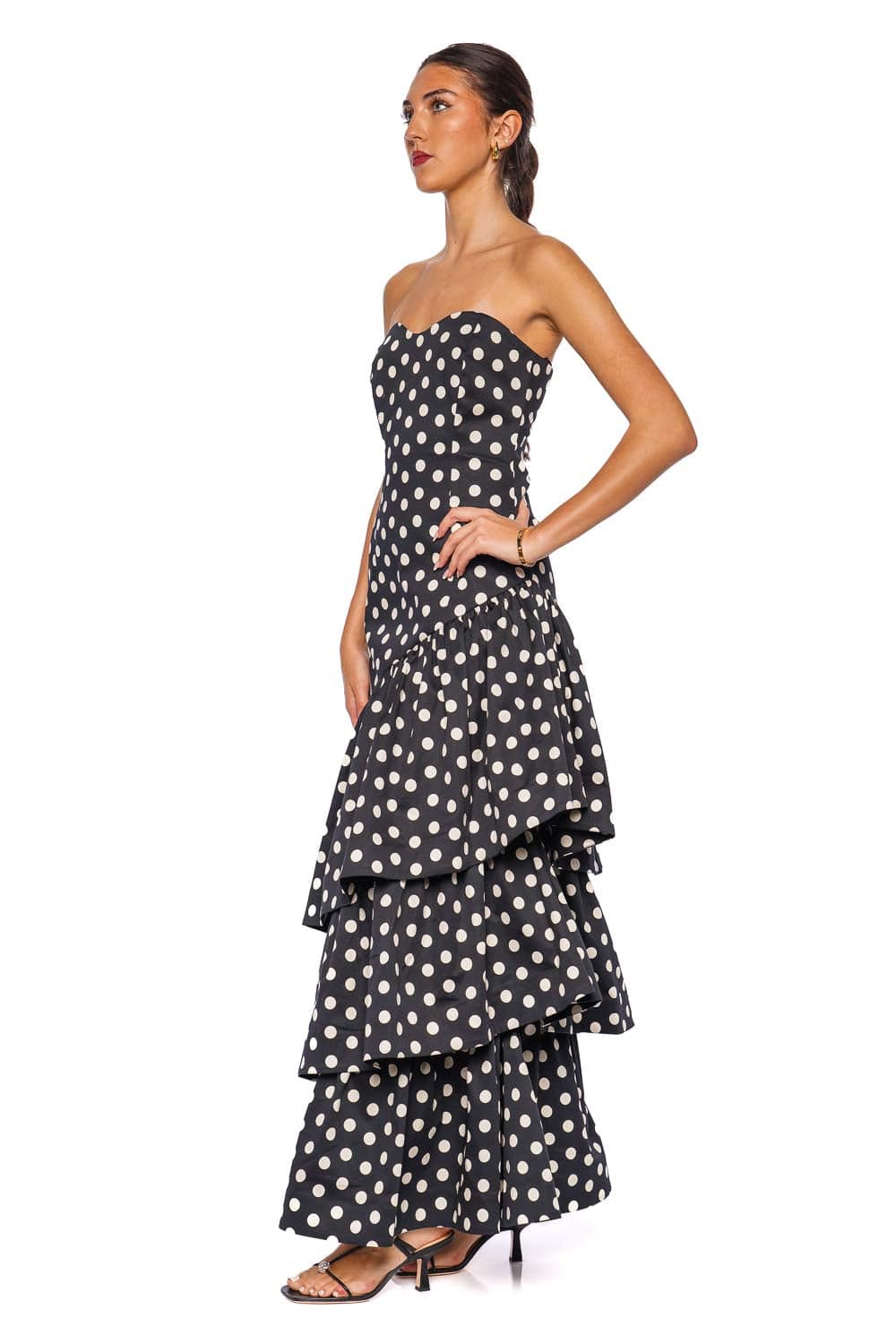 Cara Cara Joelle Dot Black Strapless Tiered Maxi Dress