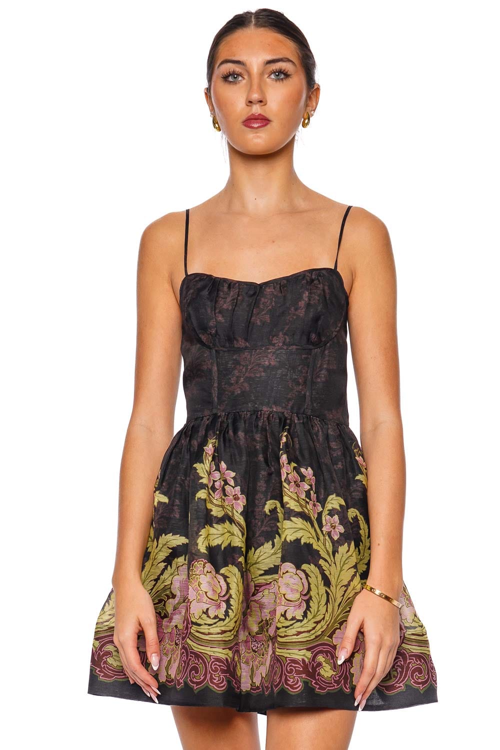 Cara Cara Alba Mini Dress Black with Floral Embroidery and Spaghetti Straps