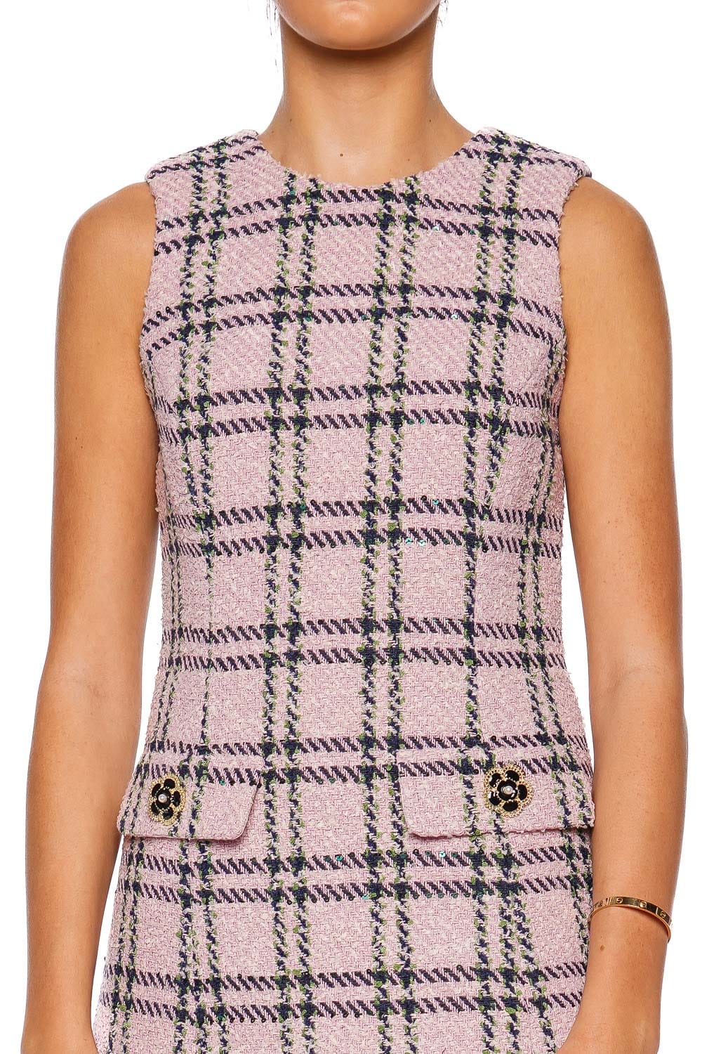 Cara Cara Posie Pink Green Boucle Plaid Sleeveless Mini Dress