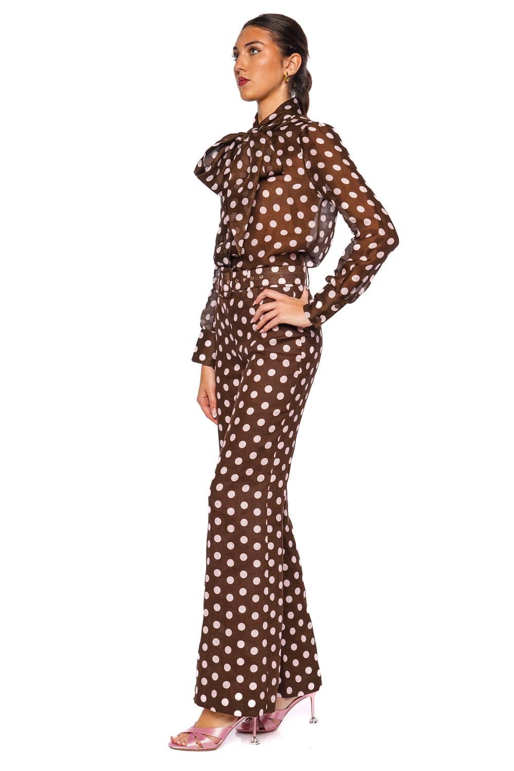 Cara Cara Joelle Dot Brown Long Sleeve Tie Neck Blouse