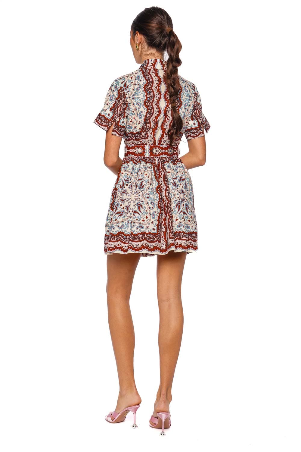Cara Cara Malena Ivory Paisley Scarf Mini Dress with Short Sleeves