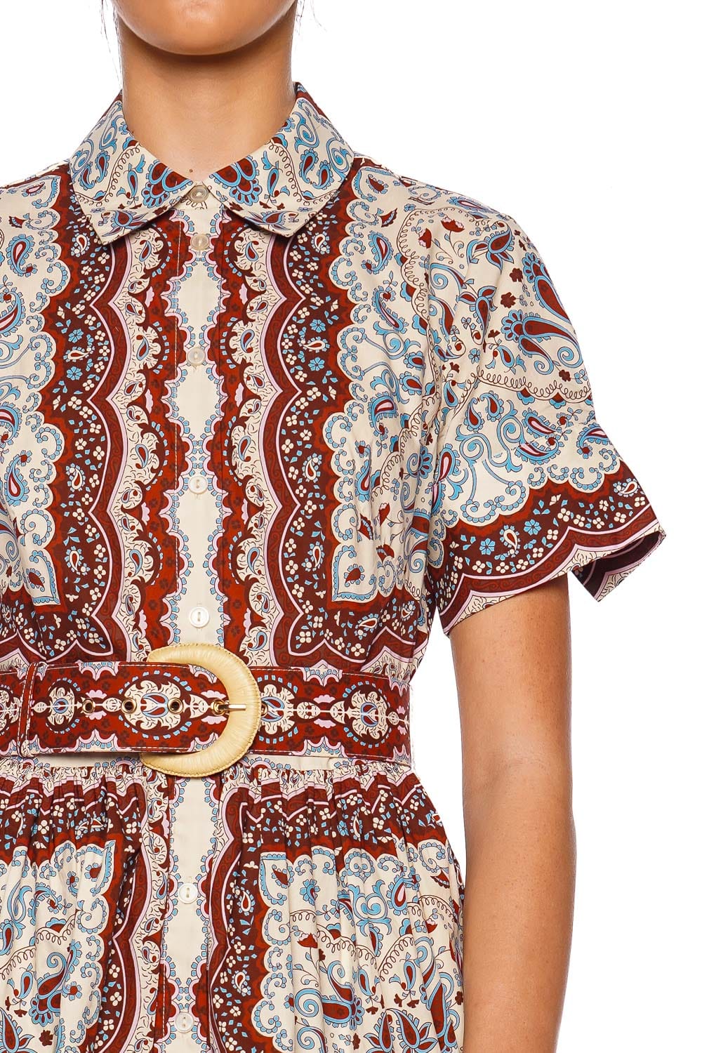 Cara Cara Malena Ivory Paisley Scarf Mini Dress with Short Sleeves