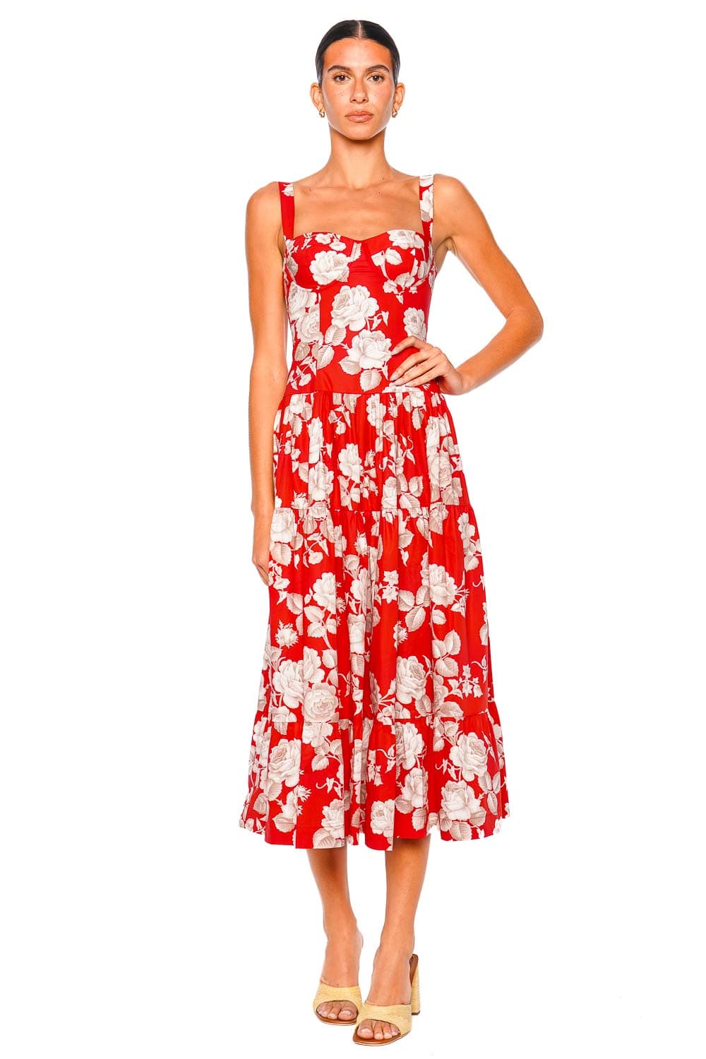 Cara Cara Santiago Rosebud Red Floral Midi Dress with Straps