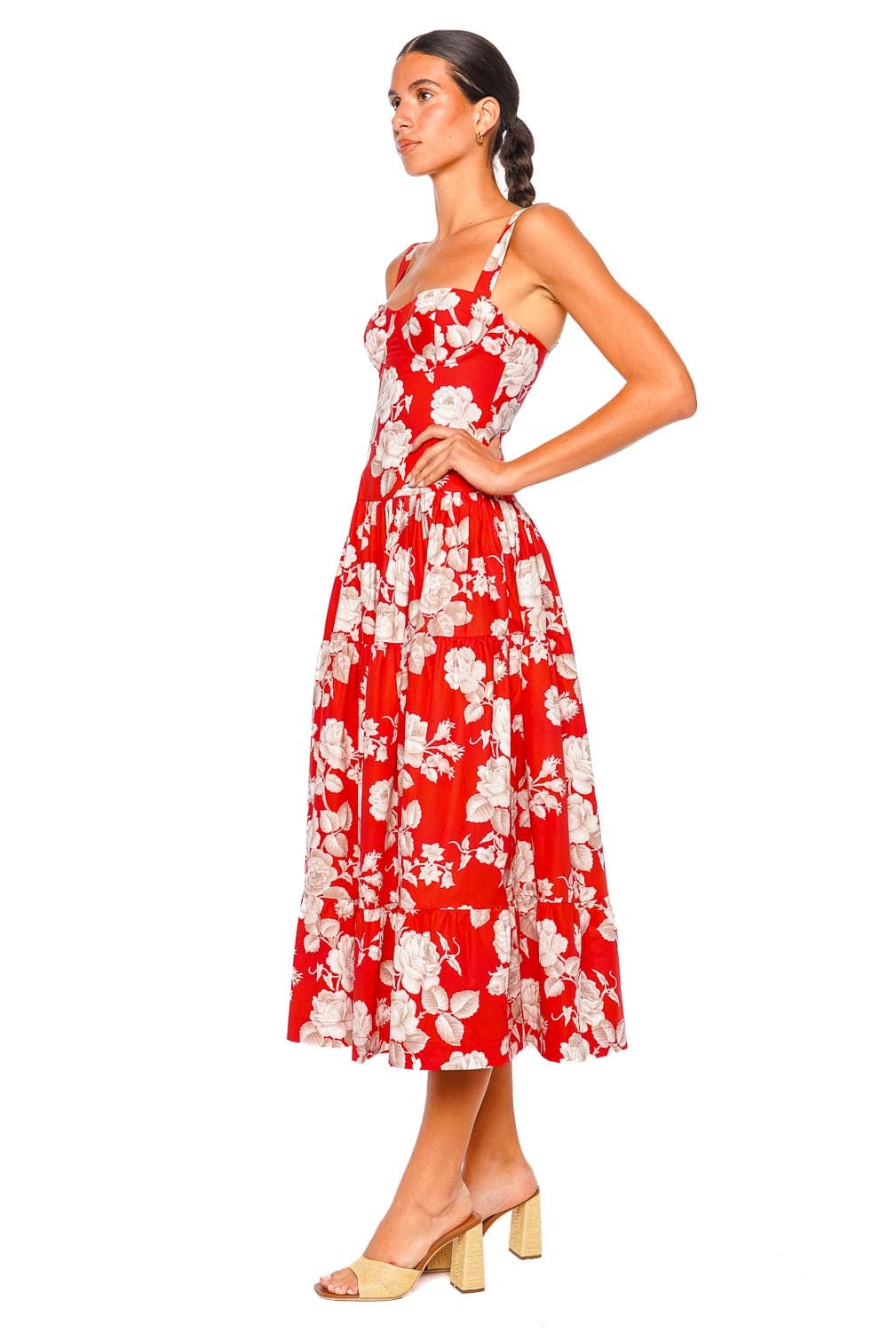 Cara Cara Santiago Rosebud Red Floral Midi Dress with Straps