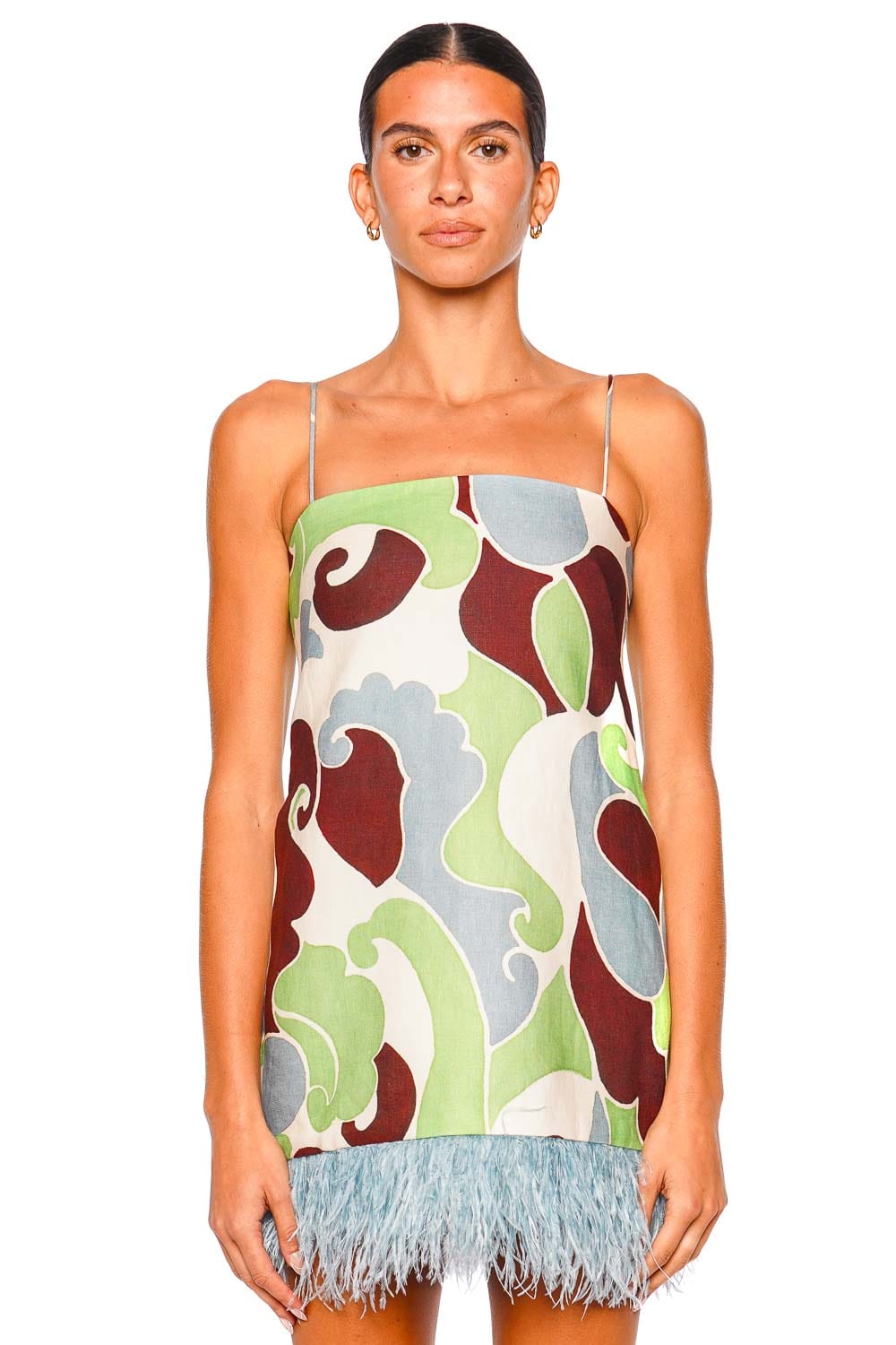Cara Cara Valencia Feather Hem Slip Dress Mint Wave Print