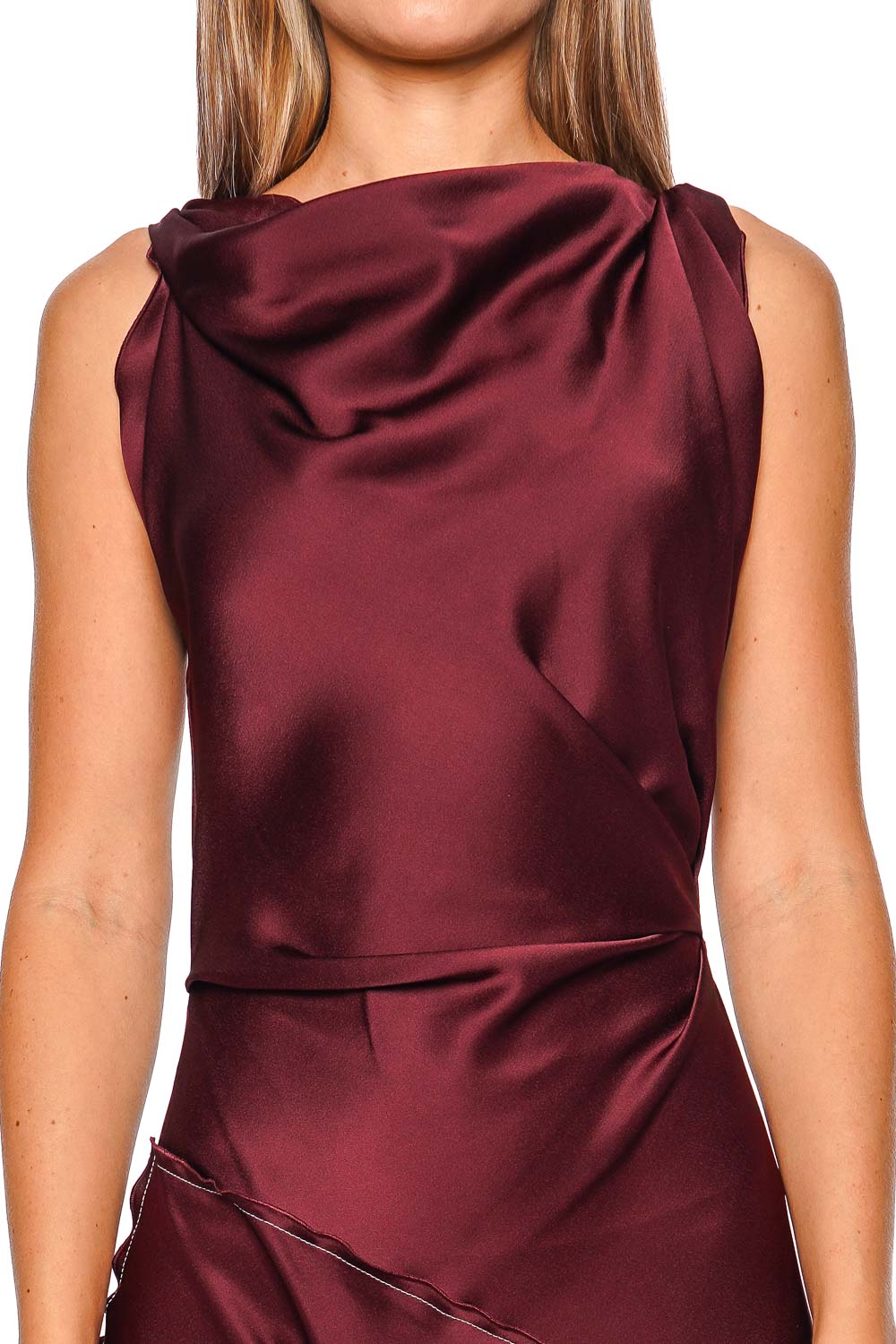Victoria Beckham Cinnabar Red Sleeveless Asymmetric Draped Midi Dress