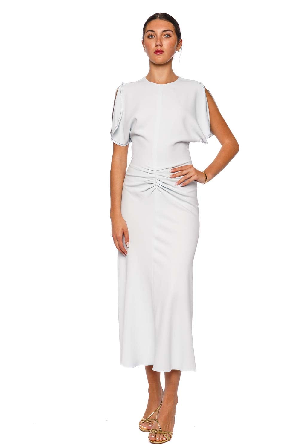 Victoria Beckham Glacial Blue Gathered Waist Midi Dress with Short Sleeves