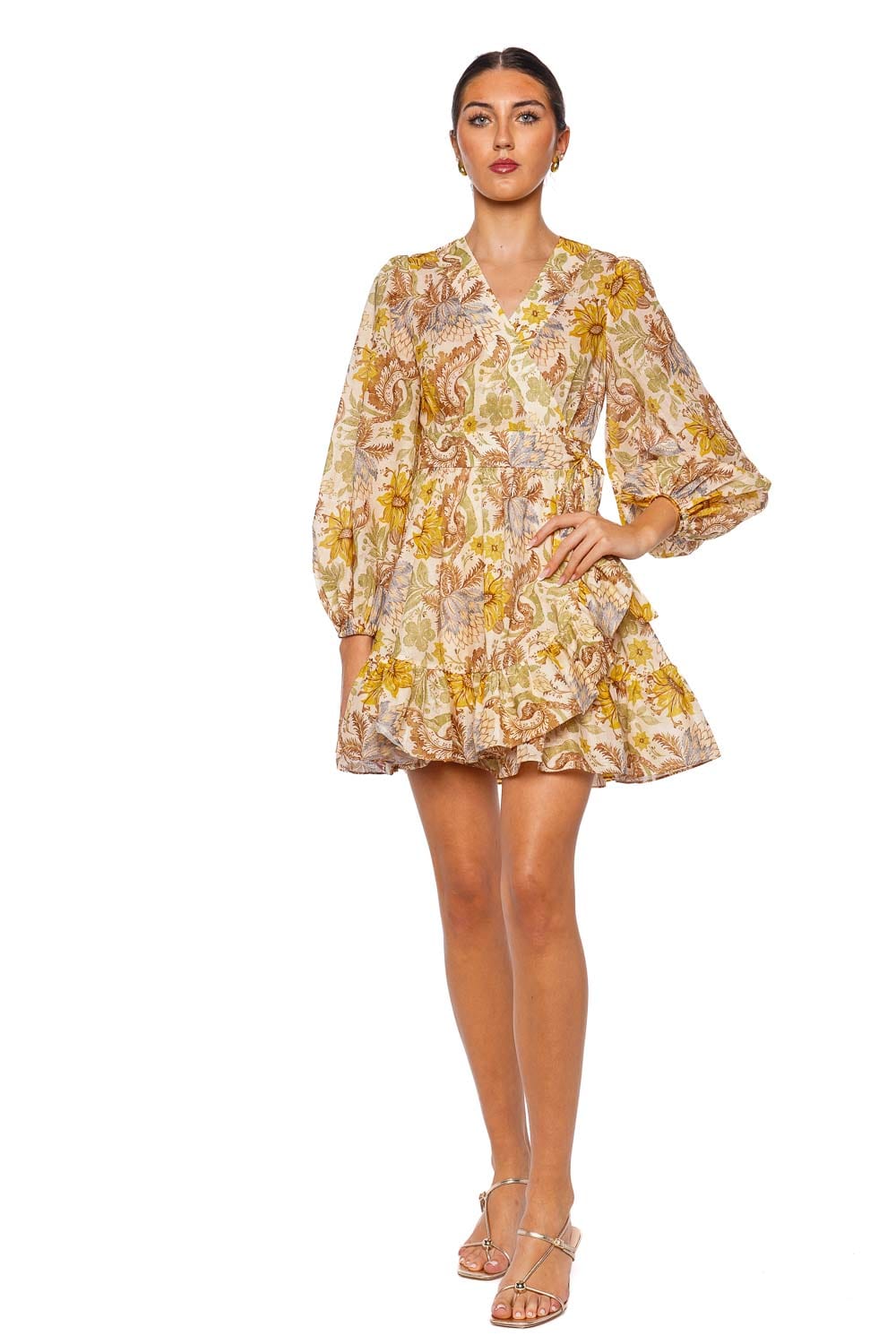 ZIMMERMANN Daylight Stamp Floral Cream Wrap Mini Dress with Long Sleeves