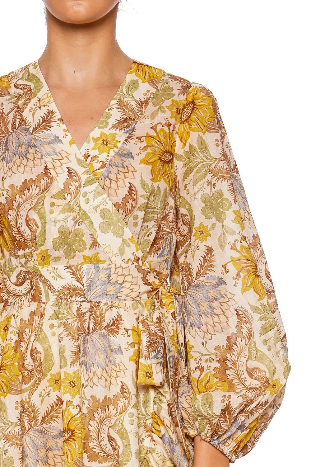 ZIMMERMANN Daylight Stamp Floral Cream Wrap Mini Dress with Long Sleeves