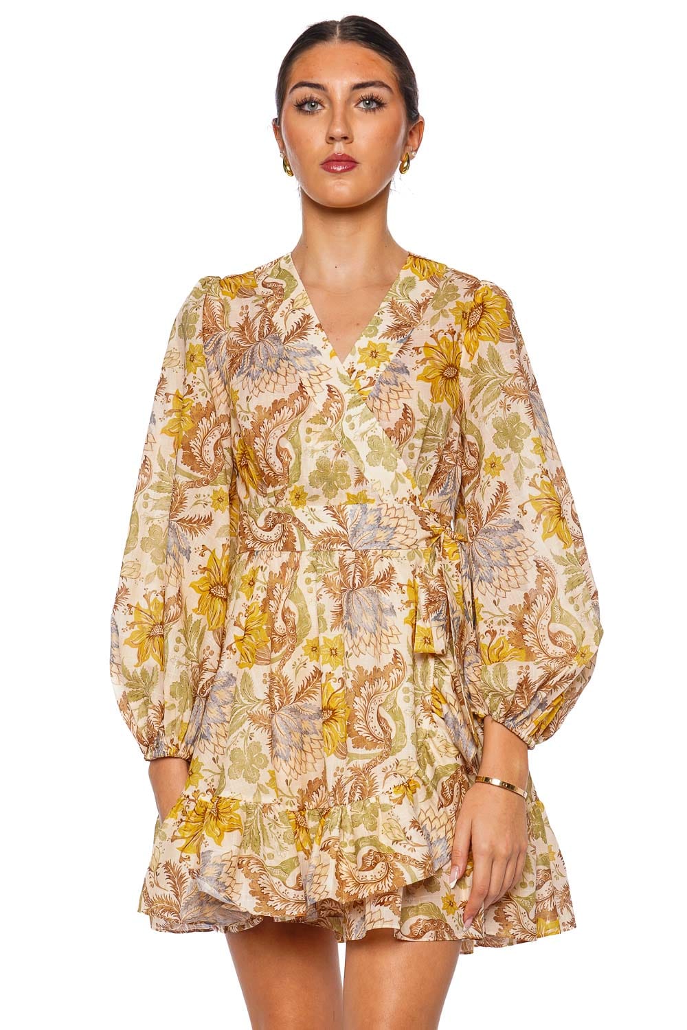 ZIMMERMANN Daylight Stamp Floral Cream Wrap Mini Dress with Long Sleeves