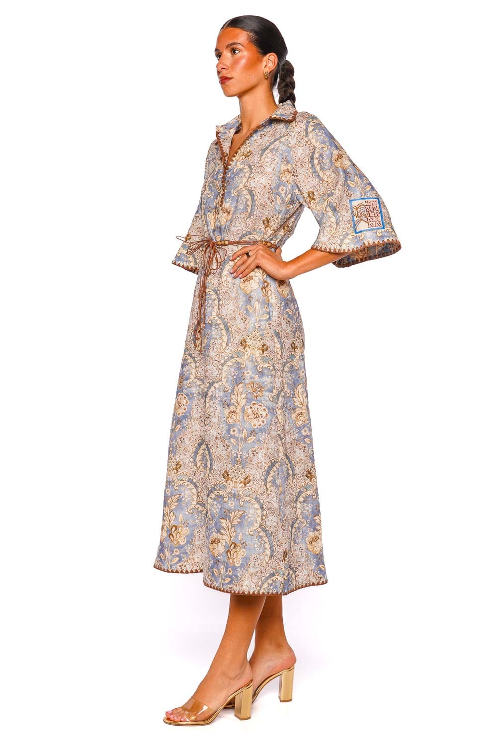 ZIMMERMANN Daylight Damask Denim Midi Dress with 3/4 Sleeves