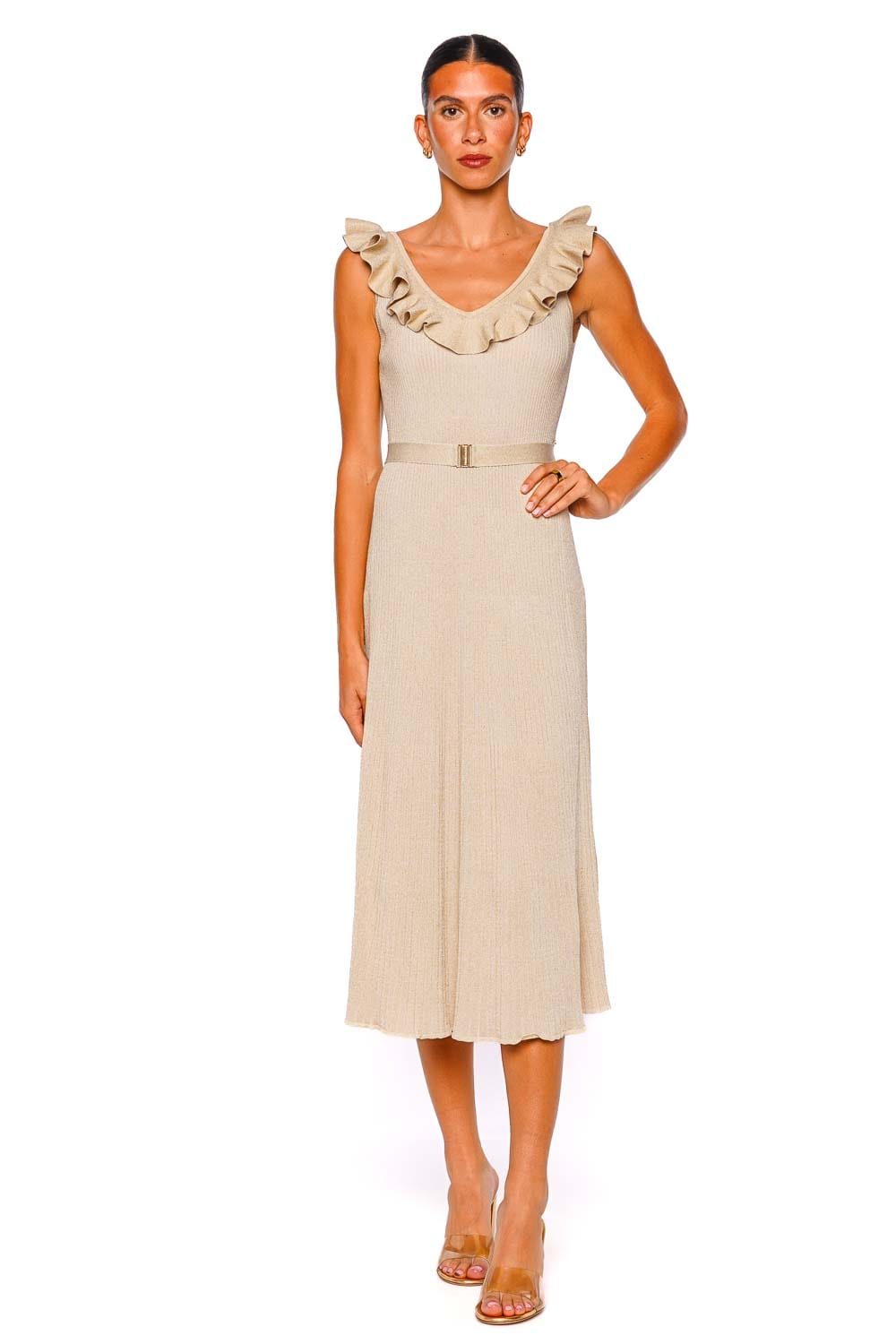 Zimmermann Awaken Metallic Gold Ruffled Knit Midi Dress Zimmermann Awaken Metallic Gold Ruffled Knit Midi Dress