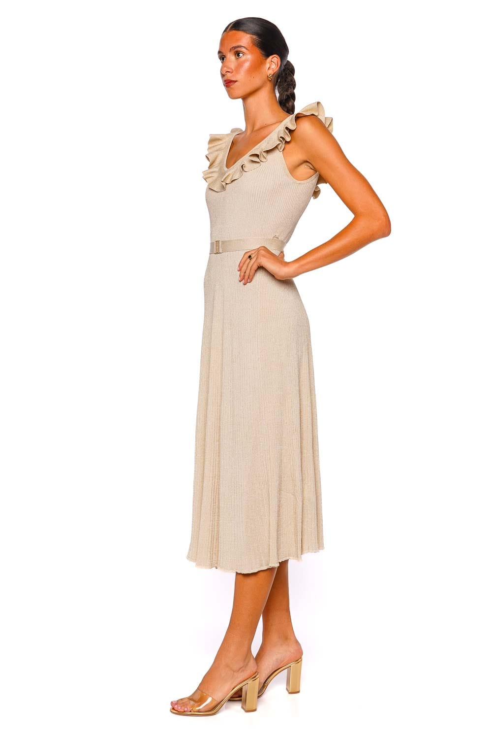 ZIMMERMANN Awaken Metallic Gold Ruffled Midi Dress