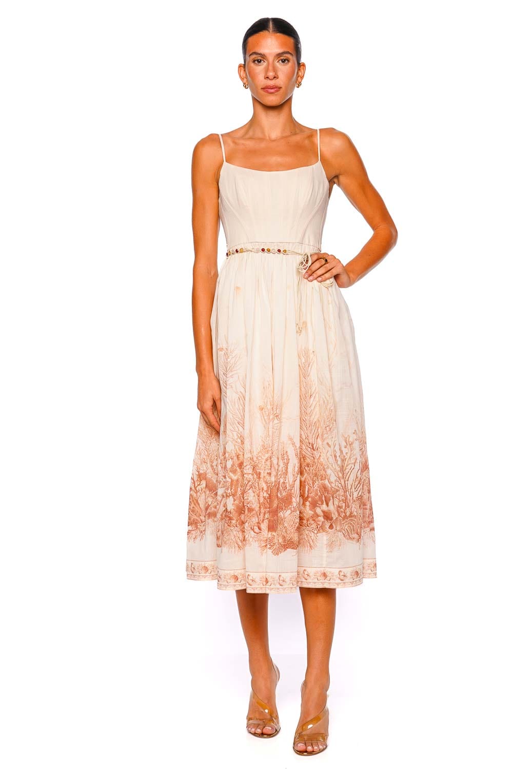 Wanderlust Coral Toile Corset Midi Dress