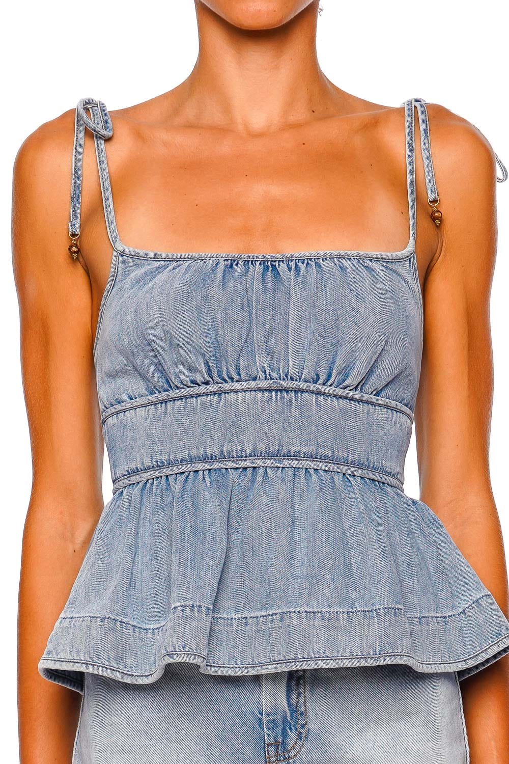 ZIMMERMANN Skylark Denim Tie-Strap Peplum Top