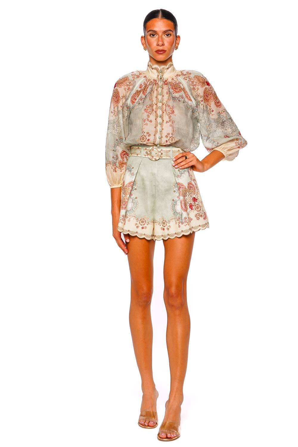 ZIMMERMANN Daylight Wallpaper Floral Mint Blouse with 3/4 Sleeves