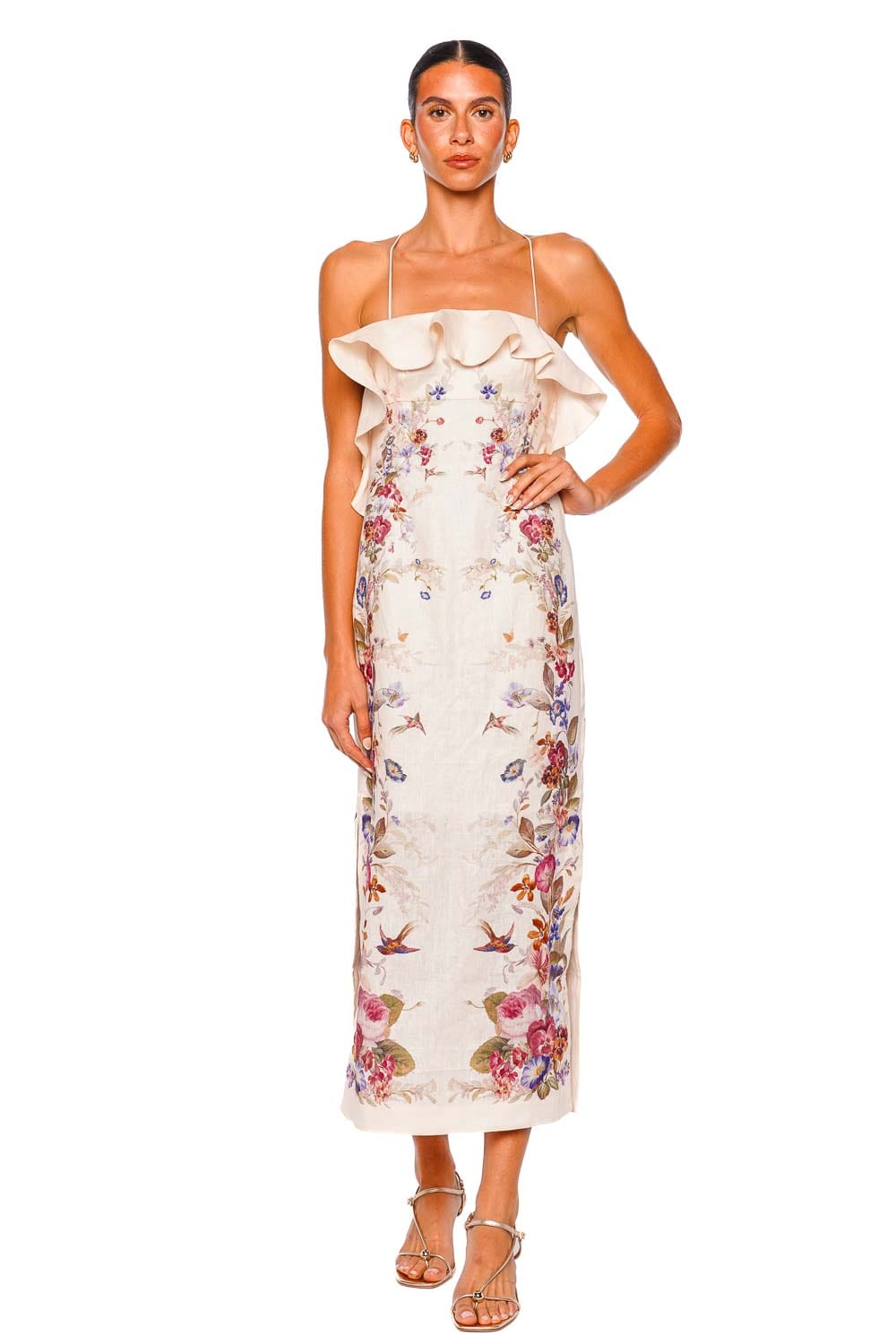ZIMMERMANN Vanilla Floral Patience Frill Midi Dress with Spaghetti Straps