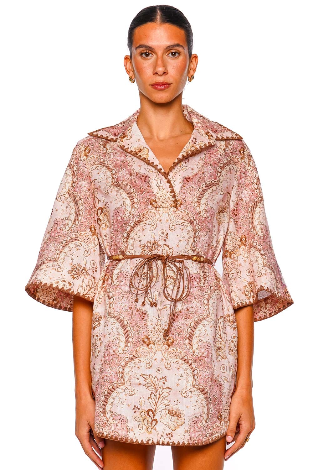 ZIMMERMANN Daylight Tunic Mini Dress with Flared Sleeves Damask Rose