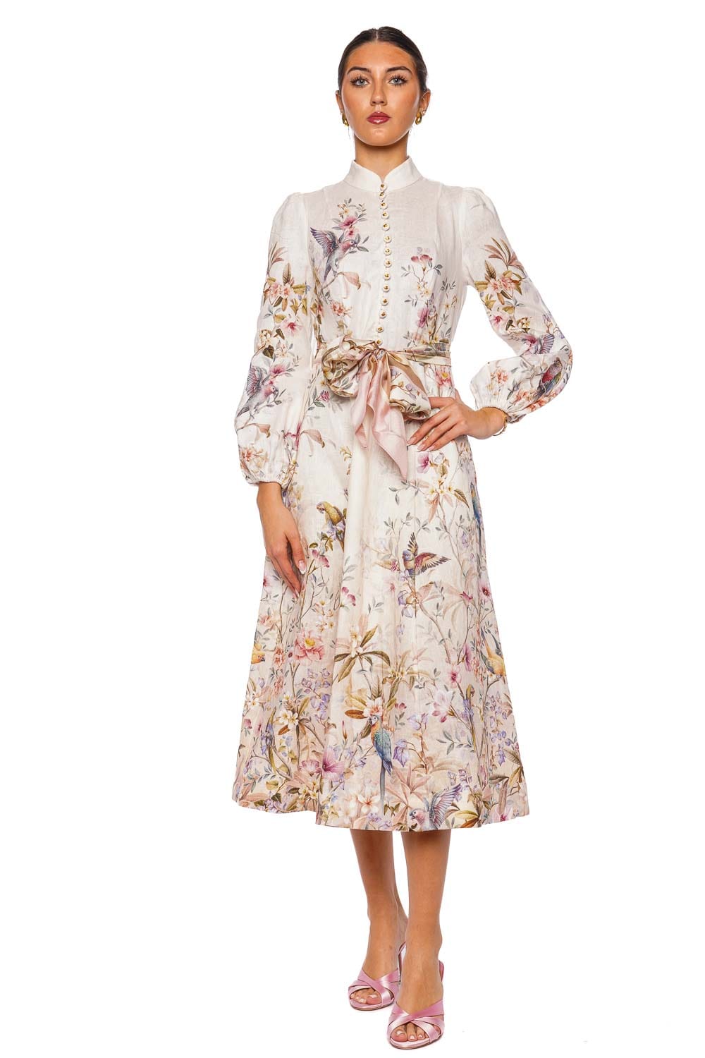 ZIMMERMANN Rebellion Cream Aviary Long Sleeve Midi Dress with Button Detail