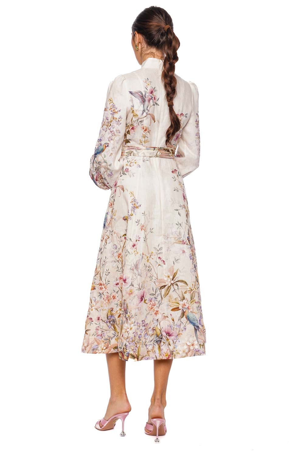ZIMMERMANN Rebellion Cream Aviary Long Sleeve Midi Dress with Button Detail