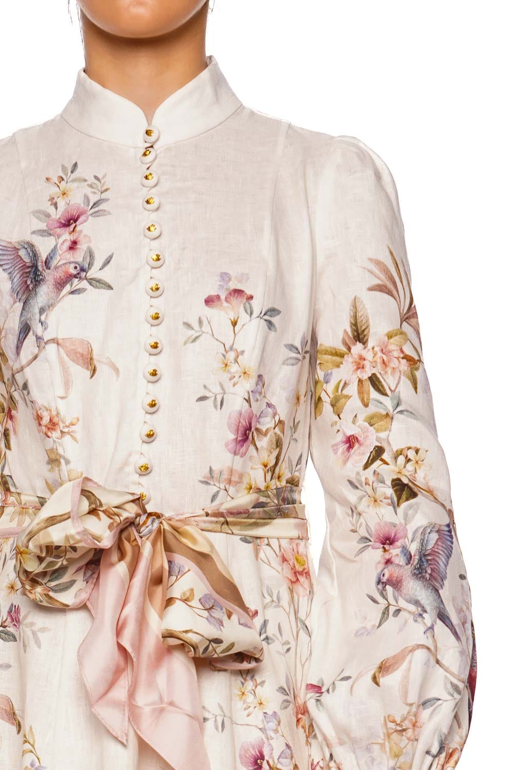 ZIMMERMANN Rebellion Cream Aviary Long Sleeve Midi Dress with Button Detail