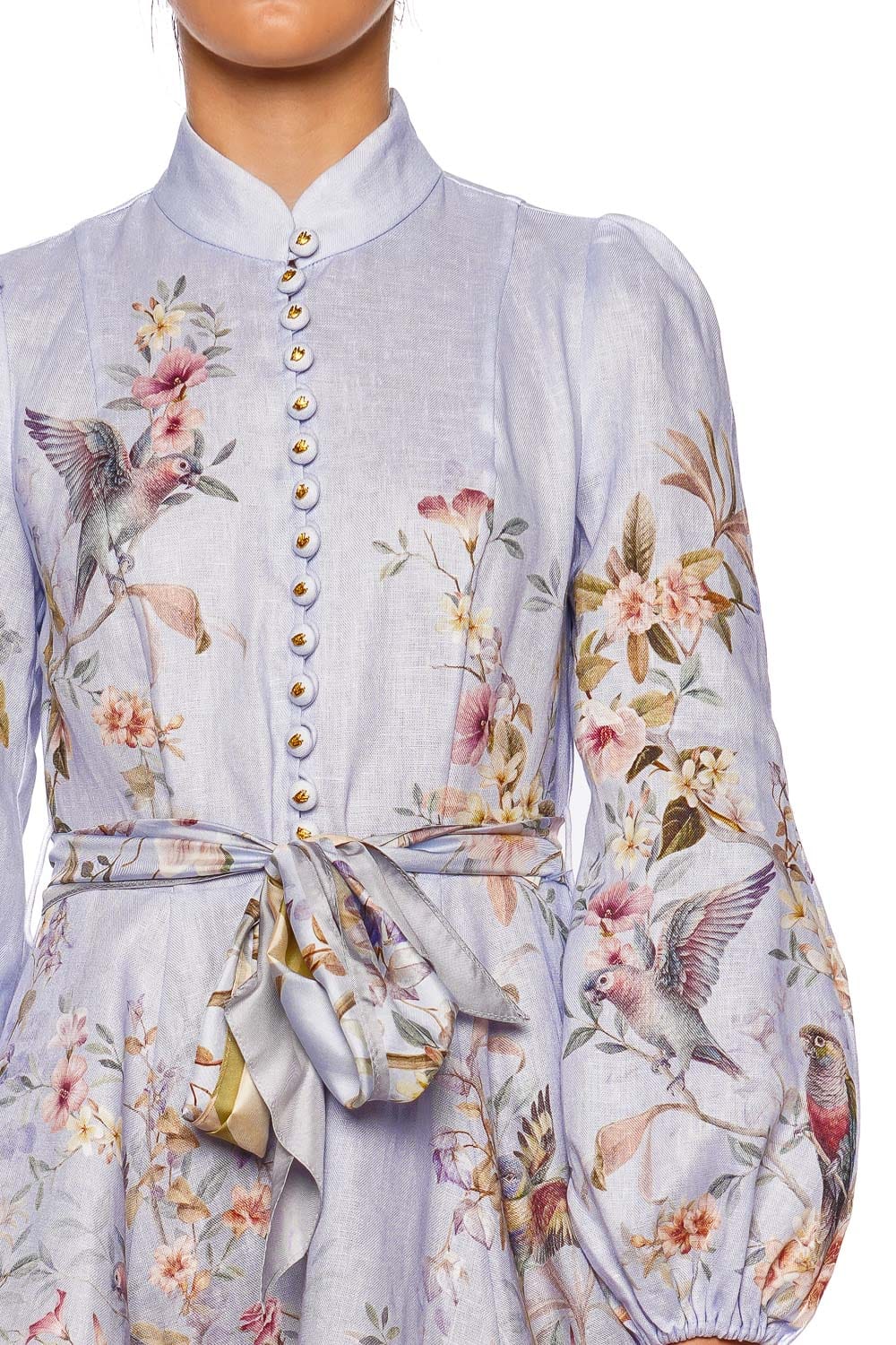 ZIMMERMANN Rebellion Blue Aviary Long Sleeve Button Mini Dress