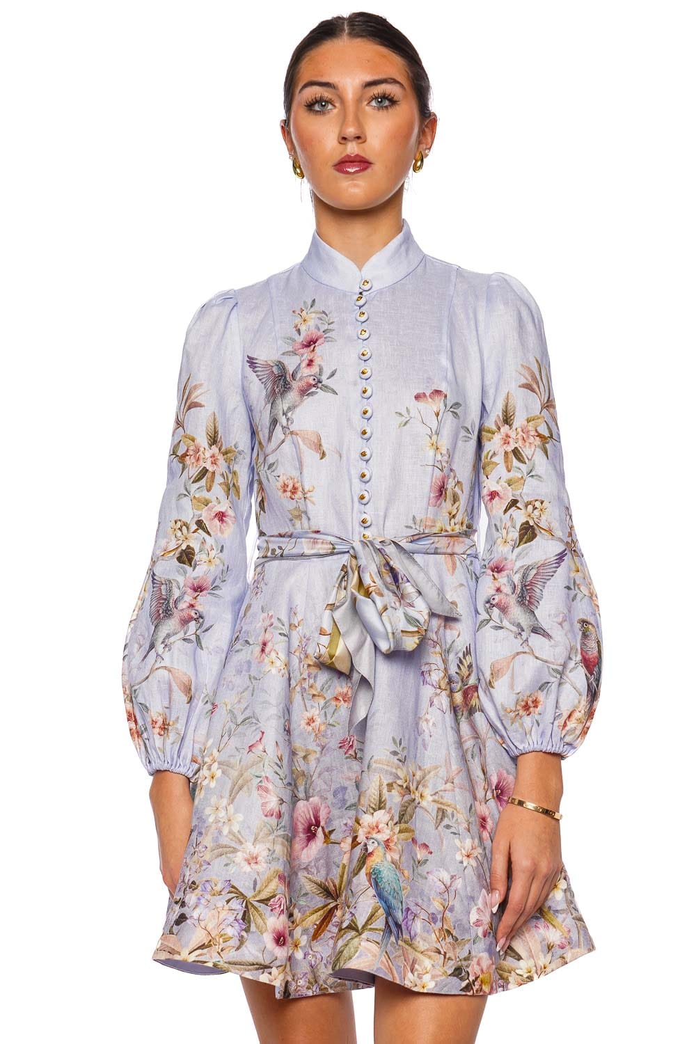 ZIMMERMANN Rebellion Blue Aviary Long Sleeve Button Mini Dress