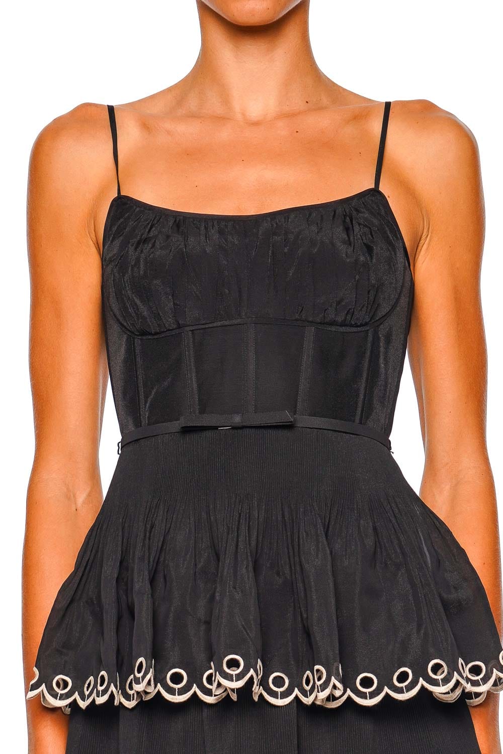 ZIMMERMANN Black Embroidered Tiered Midi Dress with Spaghetti Straps