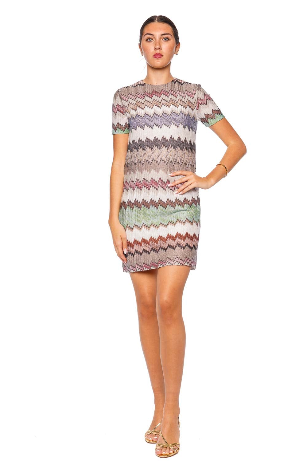 MISSONI Multicolor Chevron Pattern White Base Short Sleeve Dress