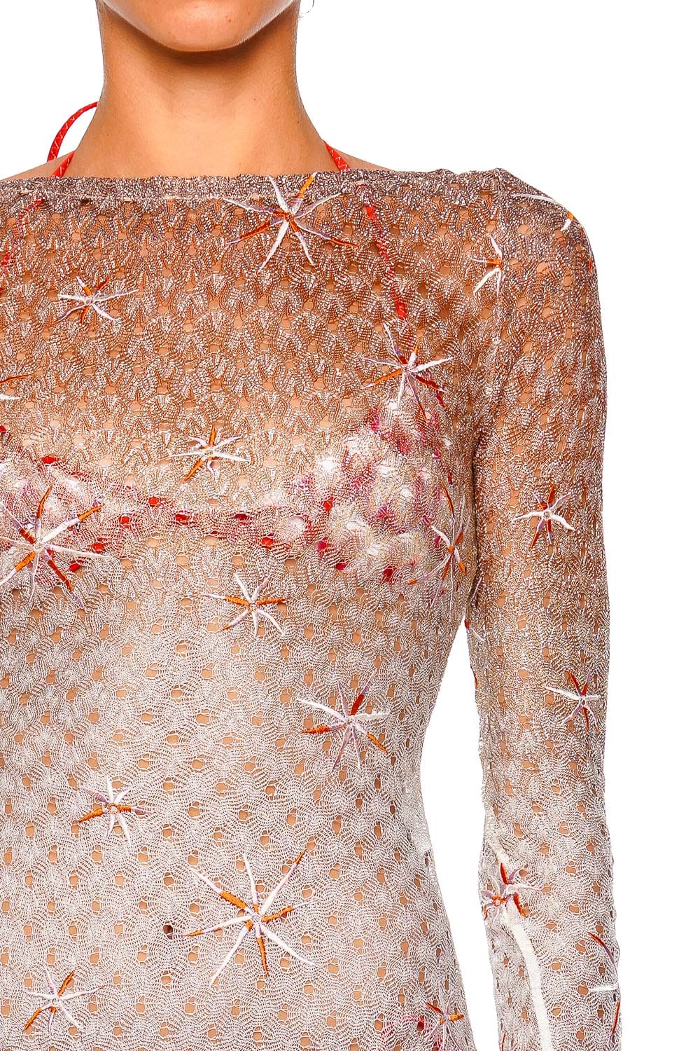 MISSONI Orange Mesh Long Sleeve Cover-Up with Green and Blue Accents