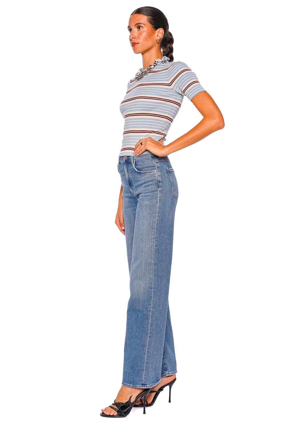 Rabanne Striped Baby Blue Short Sleeve Knit Cardigan