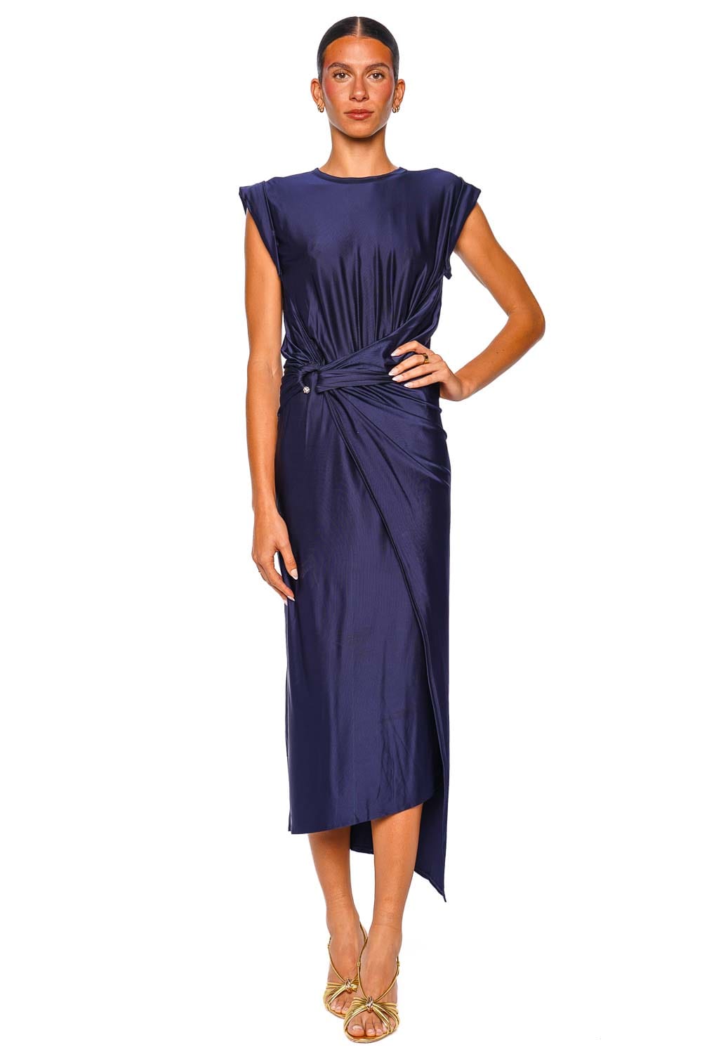 Rabanne Navy Ring Piercing Gathered Jersey Midi Dress