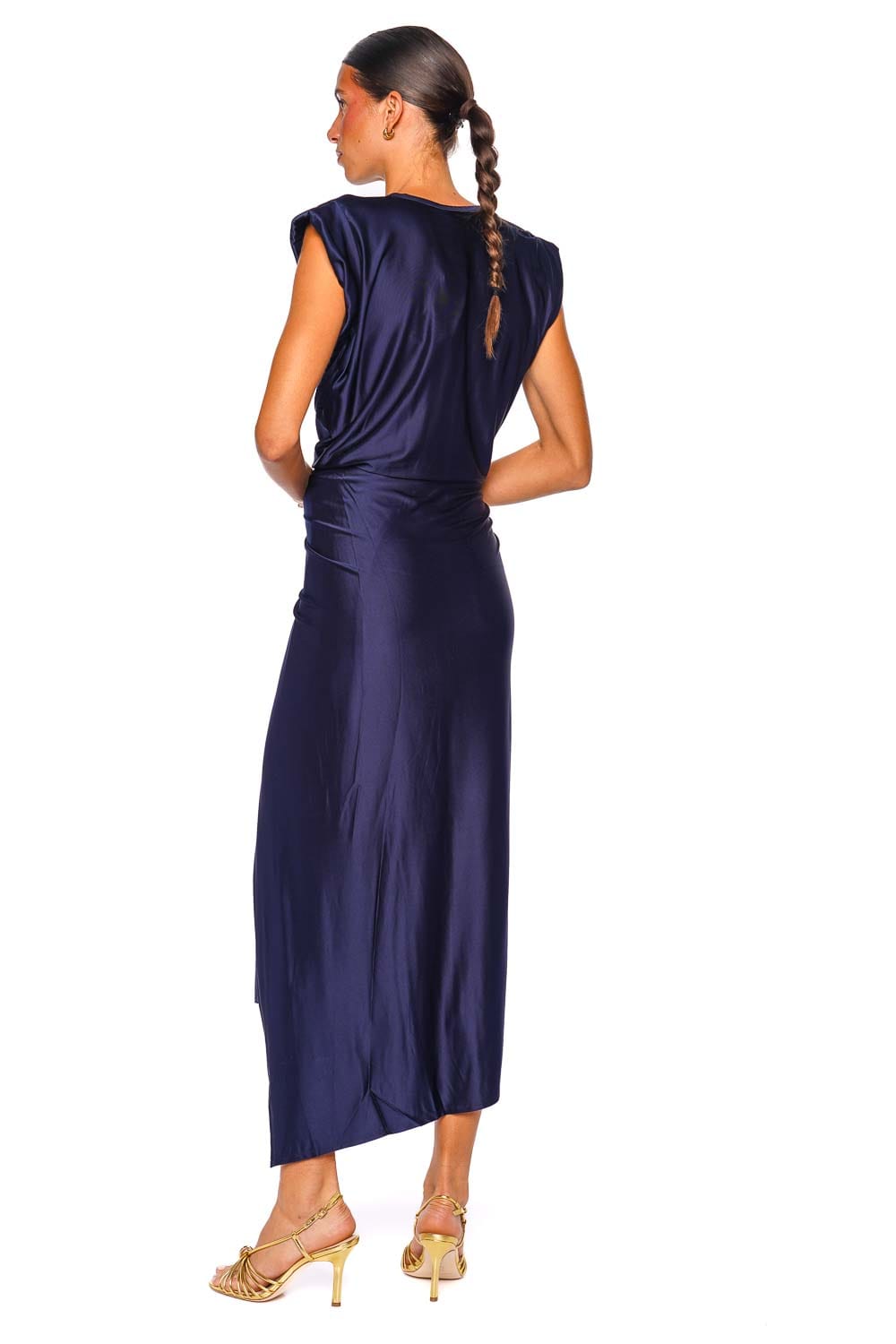 Rabanne Deep Navy Satin Midi Dress with Cap Sleeves