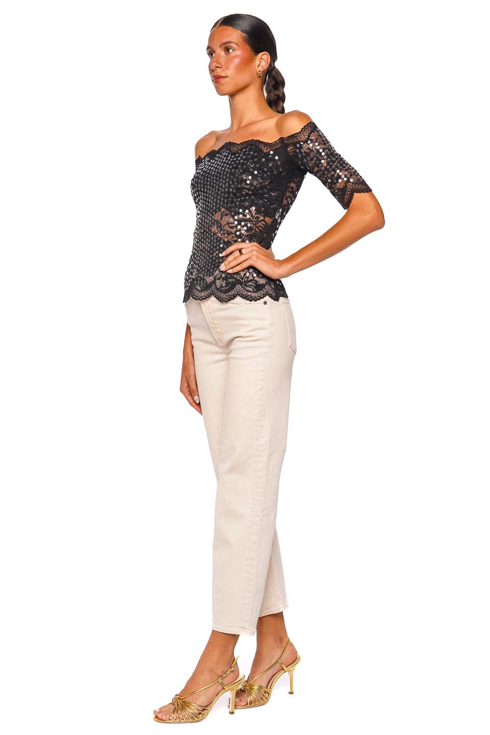 Rabanne Haut Black Off Shoulder Lace Sequin Top with Elbow Sleeves