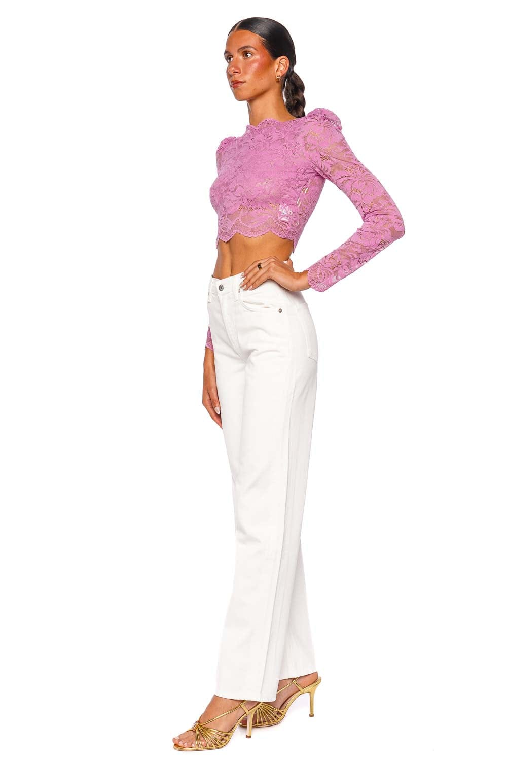 Rabanne Haut Camelia Pink Lace Long Sleeve Crop Top