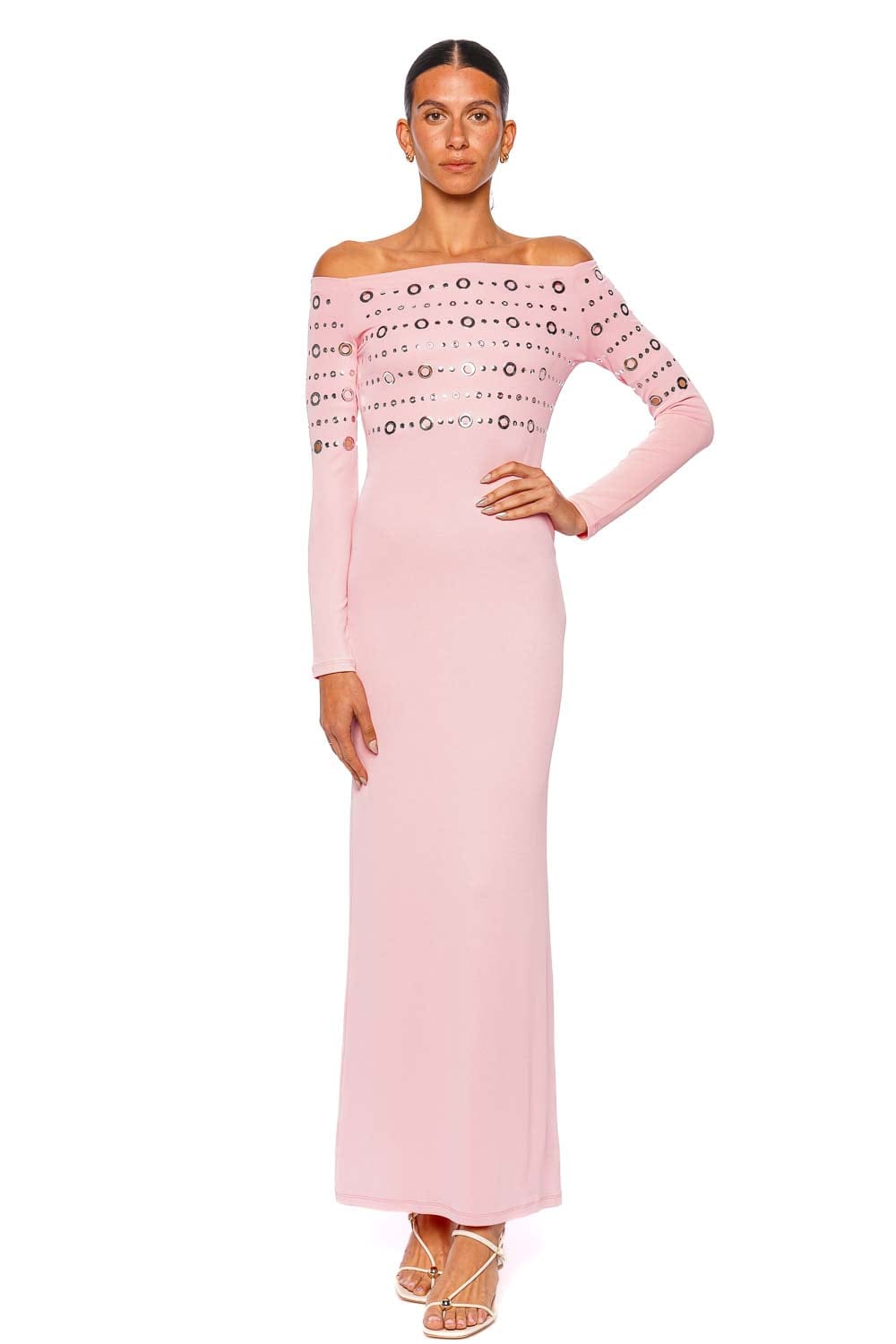 Rabanne Off Shoulder Maxi Dress Long Sleeve Fluo Pink