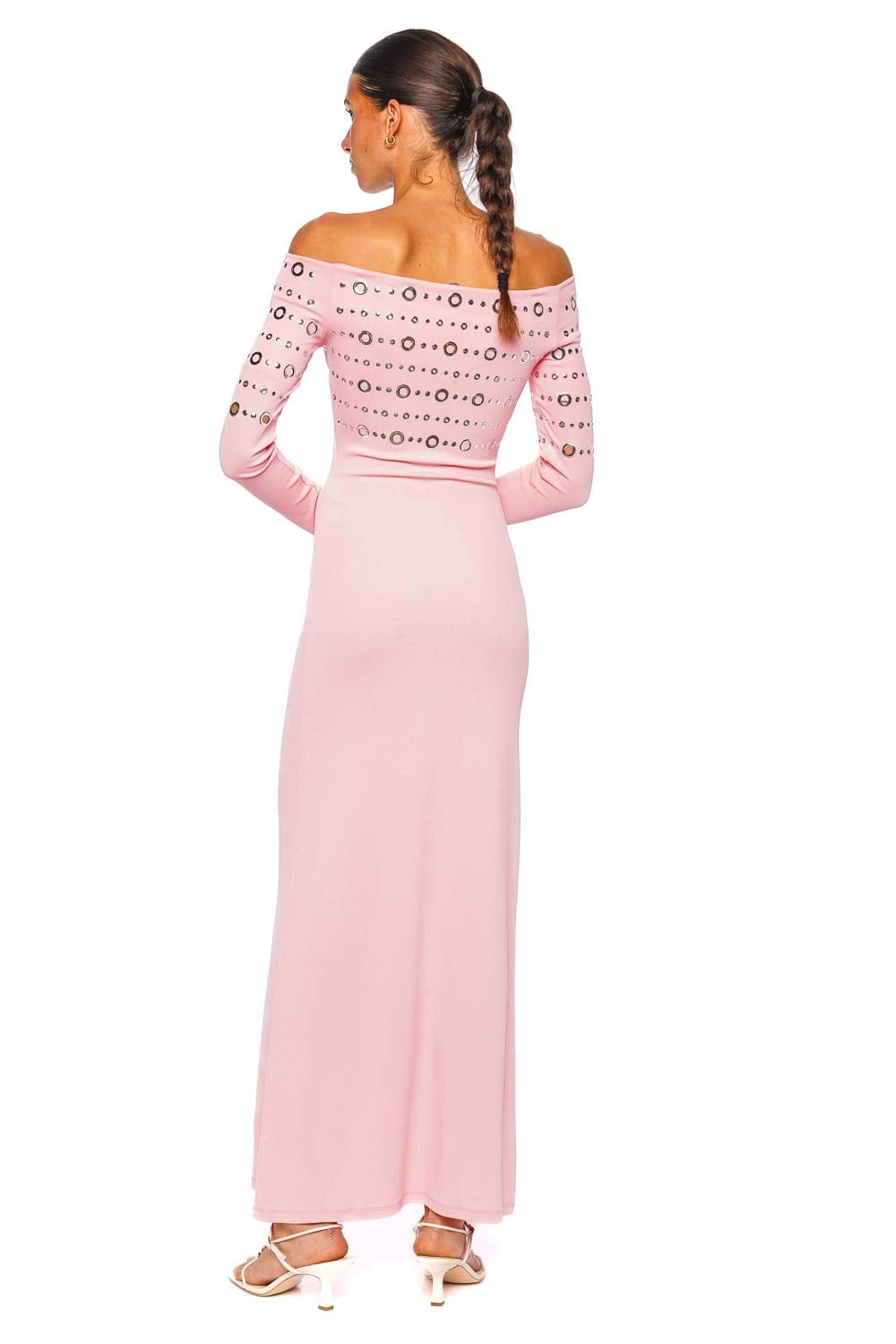Rabanne Off Shoulder Maxi Dress Long Sleeve Fluo Pink