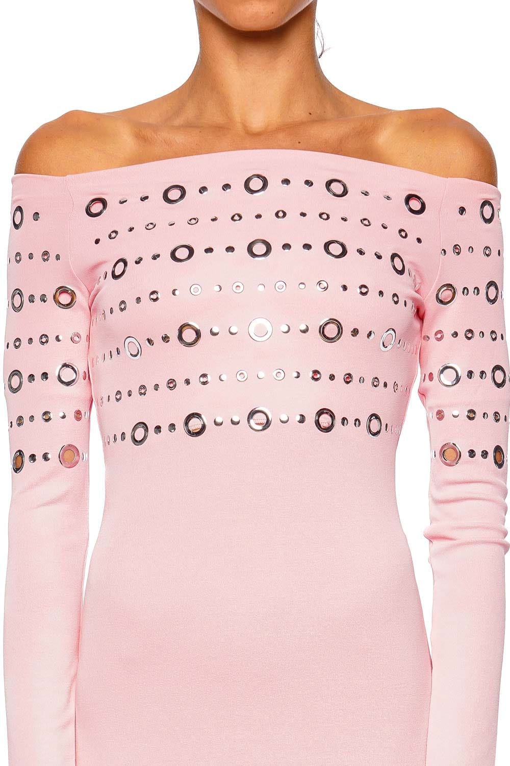 Rabanne Off Shoulder Maxi Dress Long Sleeve Fluo Pink