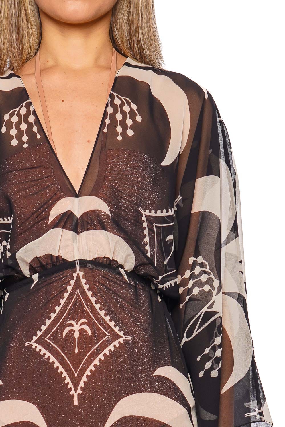 Johanna Ortiz Spiritual Healers Black and Ecru Ankle Dress with Long Sleeves