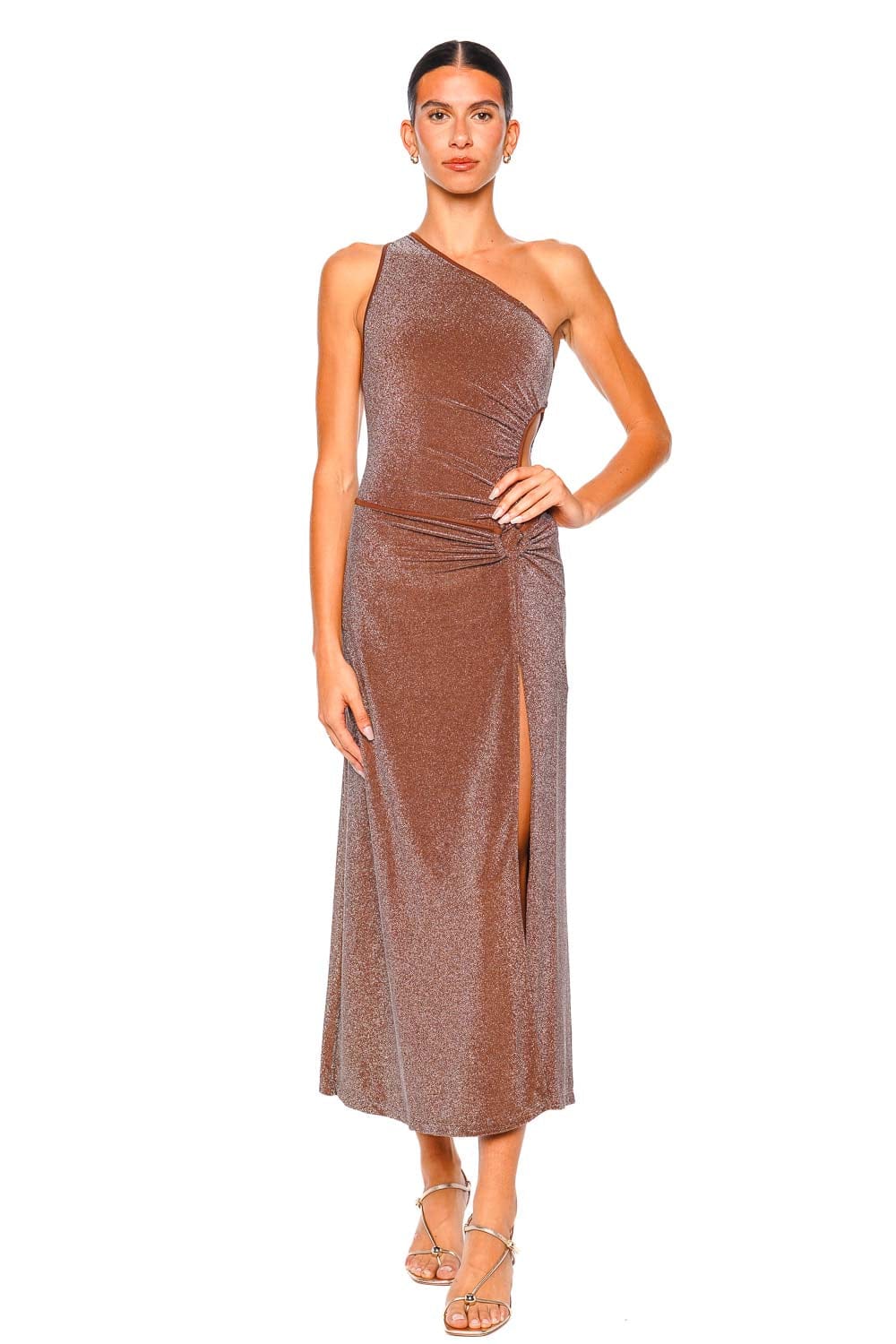 Johanna Ortiz Shimmering Brown One-Shoulder Midi Dress